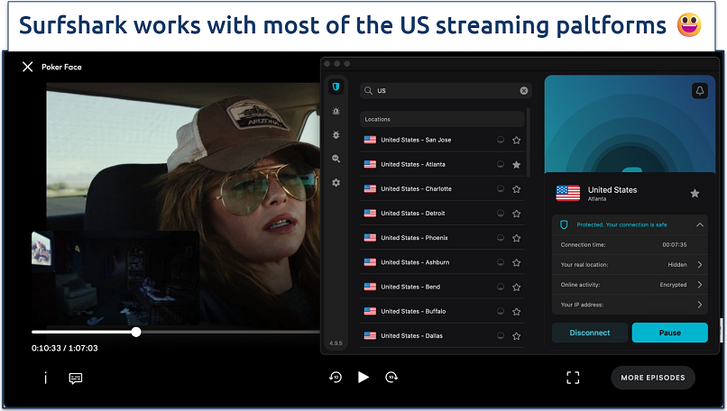 Screenshots of the Surfshark macOS app showing its US server list while streaming Poker Face on Peacock