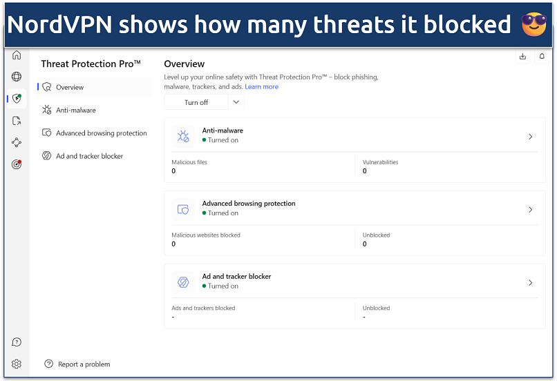 Screenshots of the NordVPN Windows app with its Threat Protection dashboard