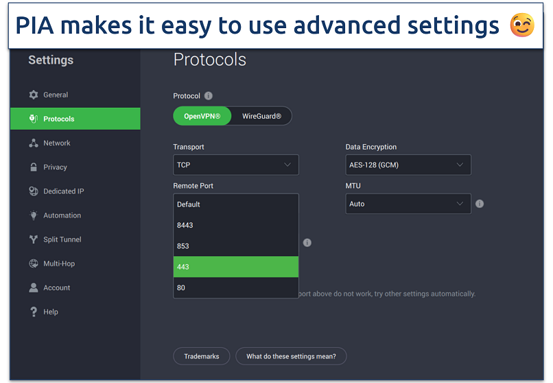 Screenshots of the PIA Windows app with its Protocols settings displayed
