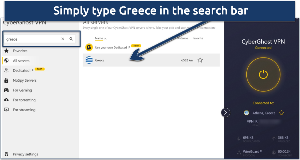 Screenshot of CyberGhost VPN connected to a Greece server in Athens