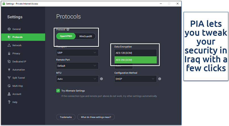 Screenshot of PIA's Protocol Settings screen showing a dropdown menu for 128-bit and 256-bit encryption options