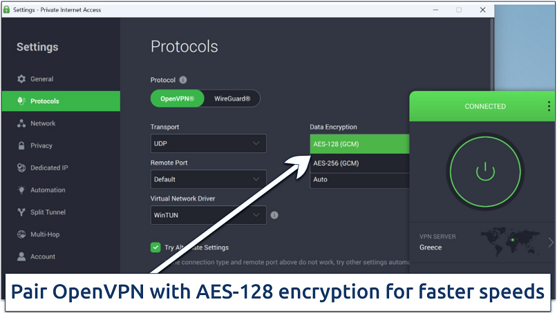 Screenshot of PIA VPN encryption settings with AES-128 selected