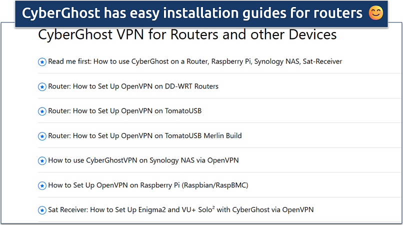 Screenshot showing CyberGhost’s Step-by-Step Router Setup Page