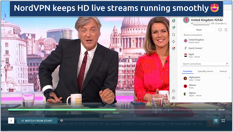Live streaming on ITVX while connected to NordVPN's Uk ExpressVPN's server