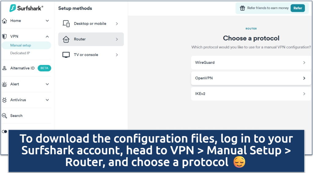 A screenshot showing Surfshark’s manual setup page