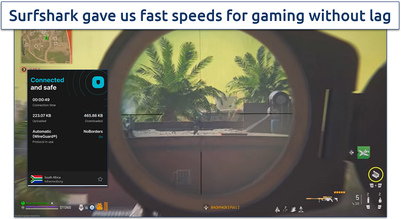 A screenshot of Call of Duty sniper gameplay with VPN interface showing connection to Johannesburg, South Africa