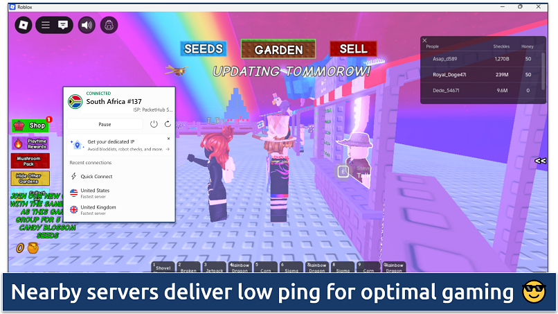 Roblox game screen with NordVPN interface showing active connection to a South African server
