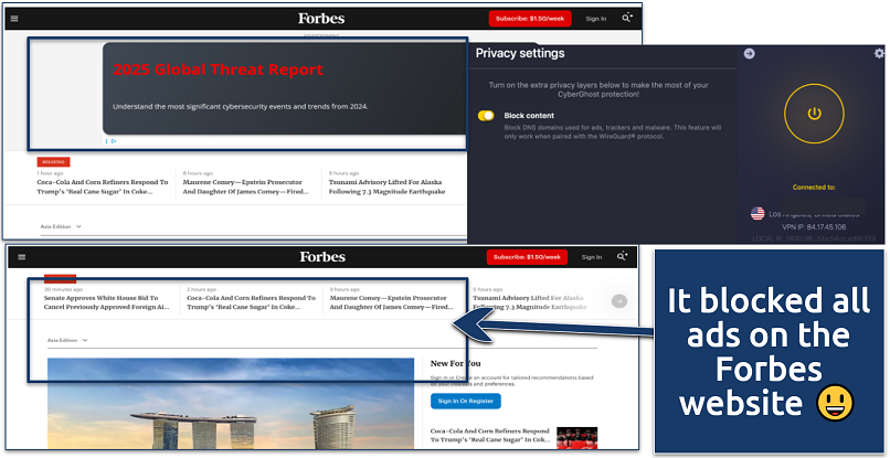 CyberGhost VPN privacy settings with content blocking enabled and comparison of the Forbes site with and without ads