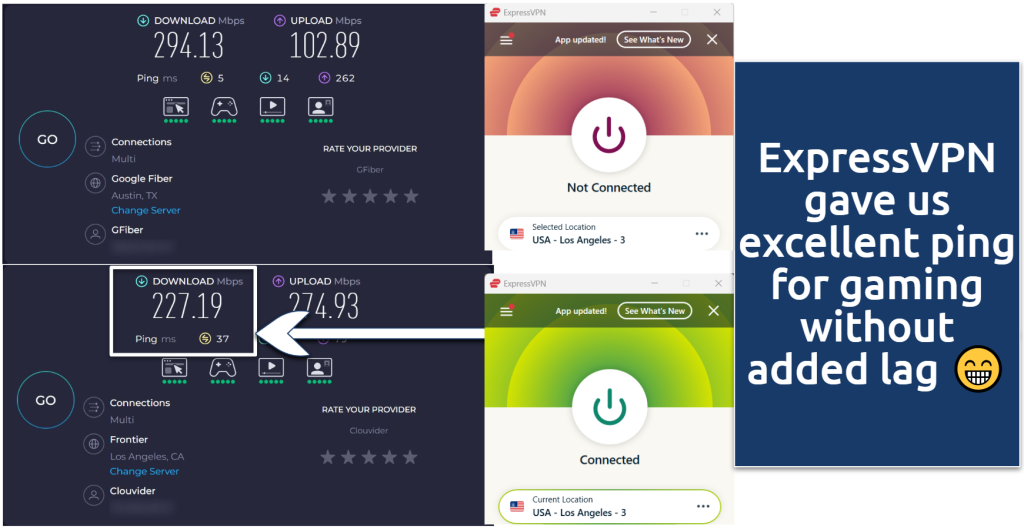 ExpressVPN app with speed tests showing minimal speed drop