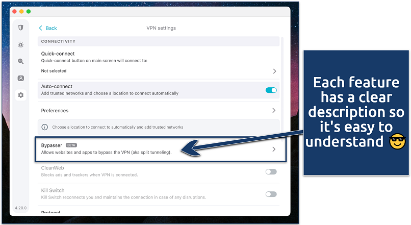 Screenshot of NordVPN’s settings showing some of its features