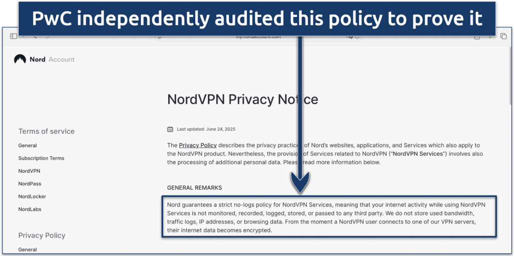 Screenshot of NordVPN's Privacy Notice highlighting its no-logs policy