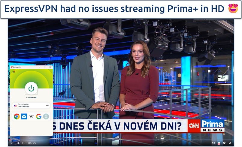 Screenshots showing a CNN live-stream on Prima+ while connected to the ExpressVPN Czechoslovakia server