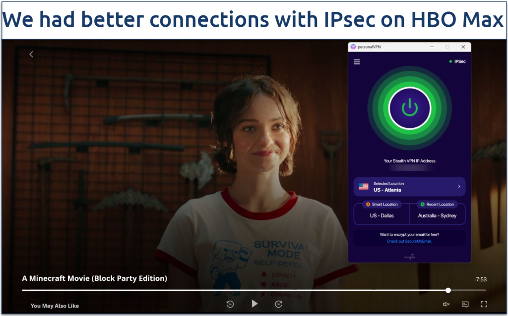 Screenshot of HBO Max player streaming A Minecraft Movie (Block Party Edition) while connected to Witopia's Atlanta server