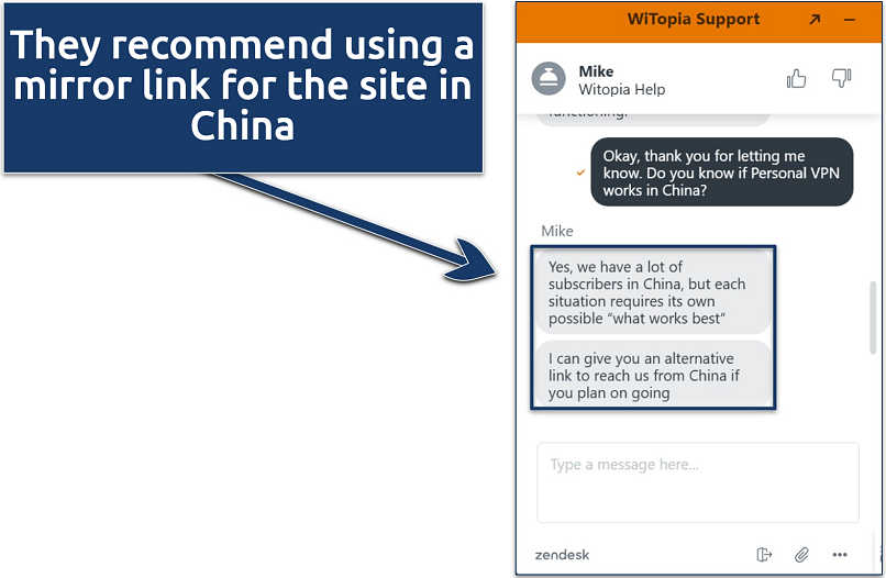 Screenshot of a live chat with Witopia support where they offered a link to a mirror site to download the VPN in China