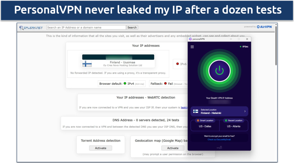 Screenshot of a successful leak test performed on ipleak.net while connected to perosnalVPN's Finland server