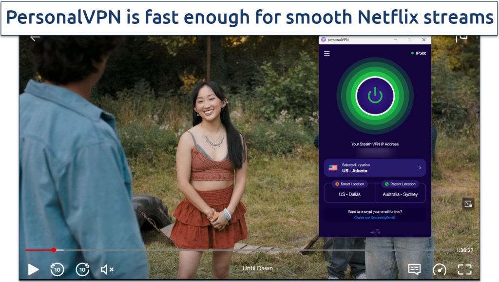 Screenshot of Netflix player streaming Until Dawn while connected to Witopia's Atlanta server