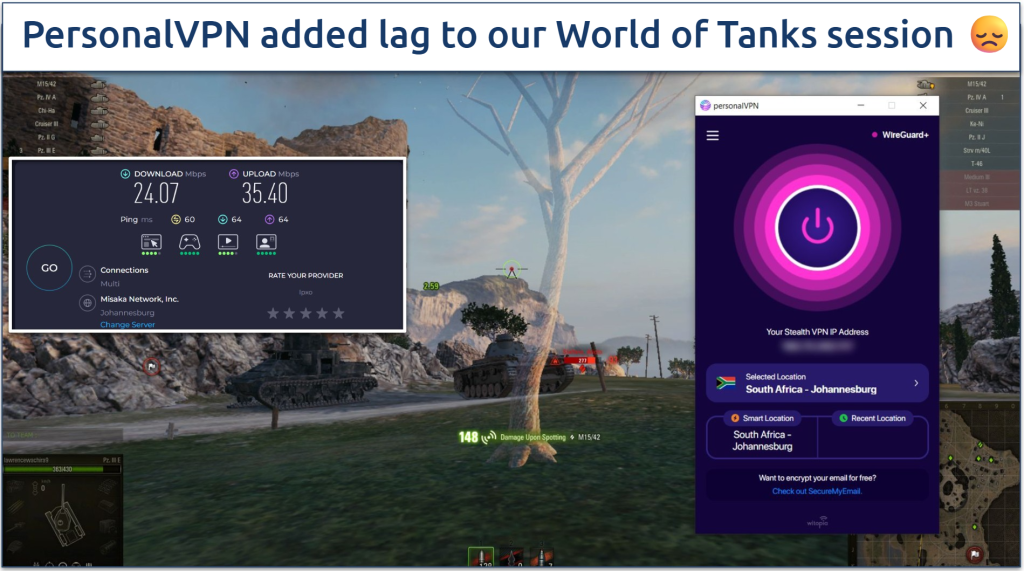 Screenshot of World of Tanks being played while connected to Witopia's South Africa server