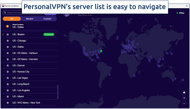 Screenshot of the WiTopia's server list highlighting the map screen and server list on the Windows app