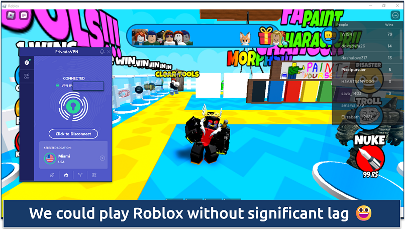 Screenshot of a Roblox gameplay with Privado VPN connected to a server in Miami