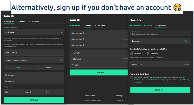 Screenshot showing the bet365 signup form for new users