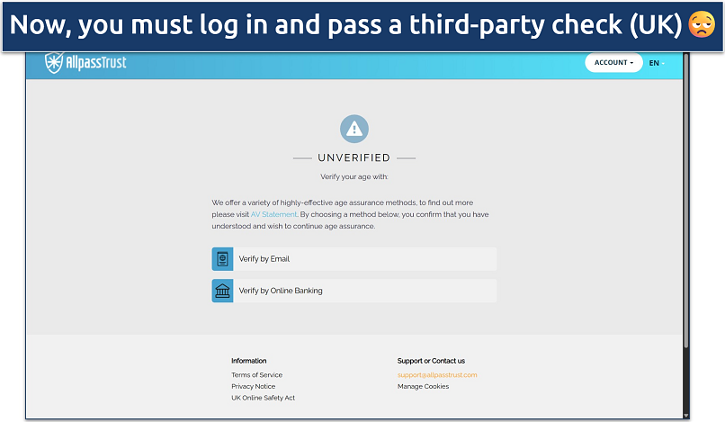 Screenshot of the AllpassTrust age verification page, showing options for email or online banking options