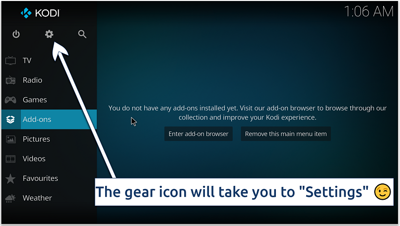 Screenshot showing the gear icon on Kodi’s home screen to click before starting the installation of an official add-on
